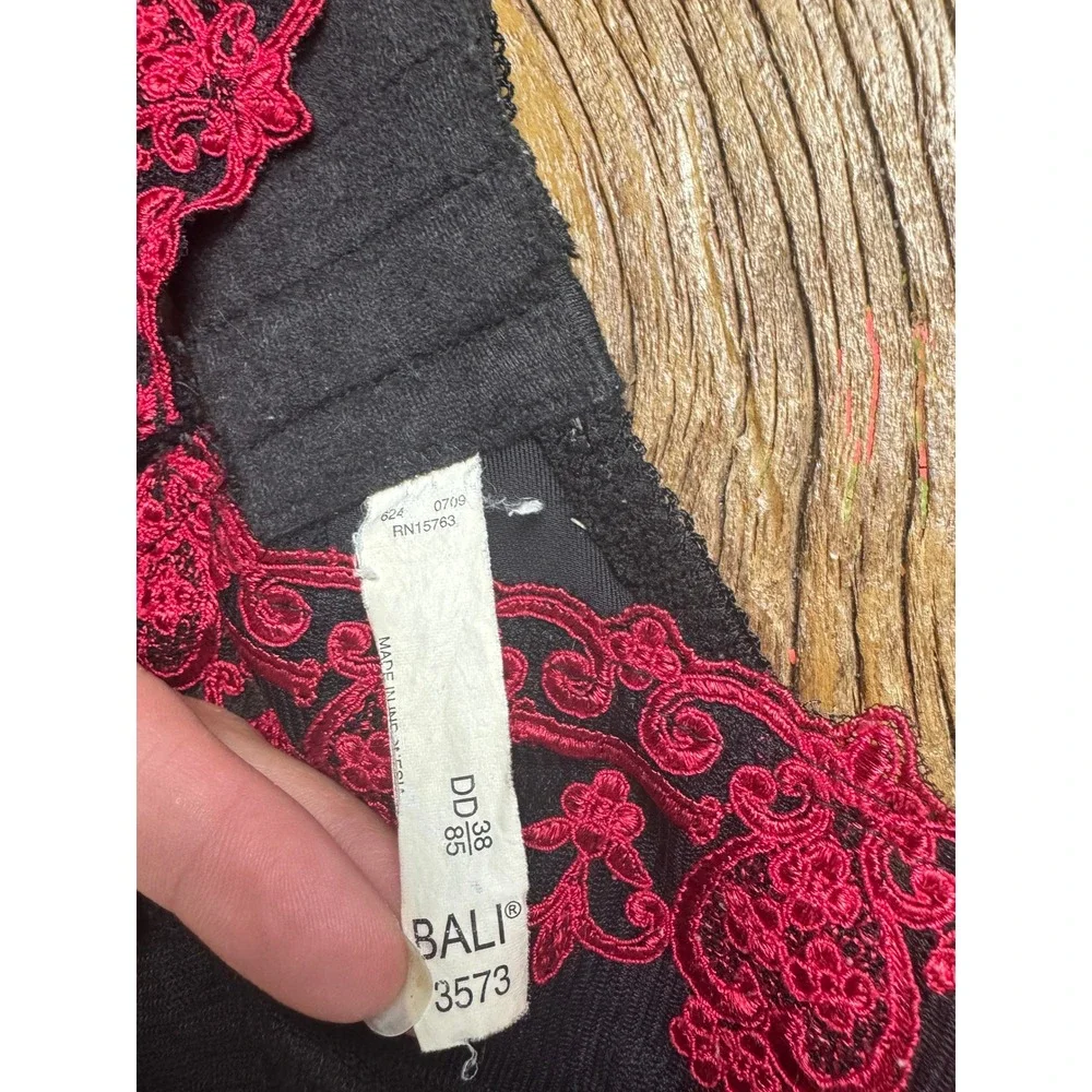 Bali Lace Underwire Bra 38DD Black Red Sheer Embroidered‎ Floral Lingerie